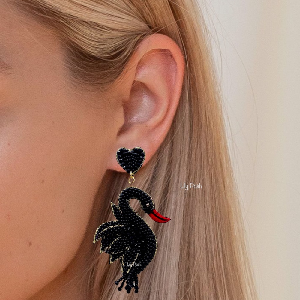 Lily Posh Beaded Swan Earring, Seed Bead White Swan Black Swan Earring - Picture 4 of 4